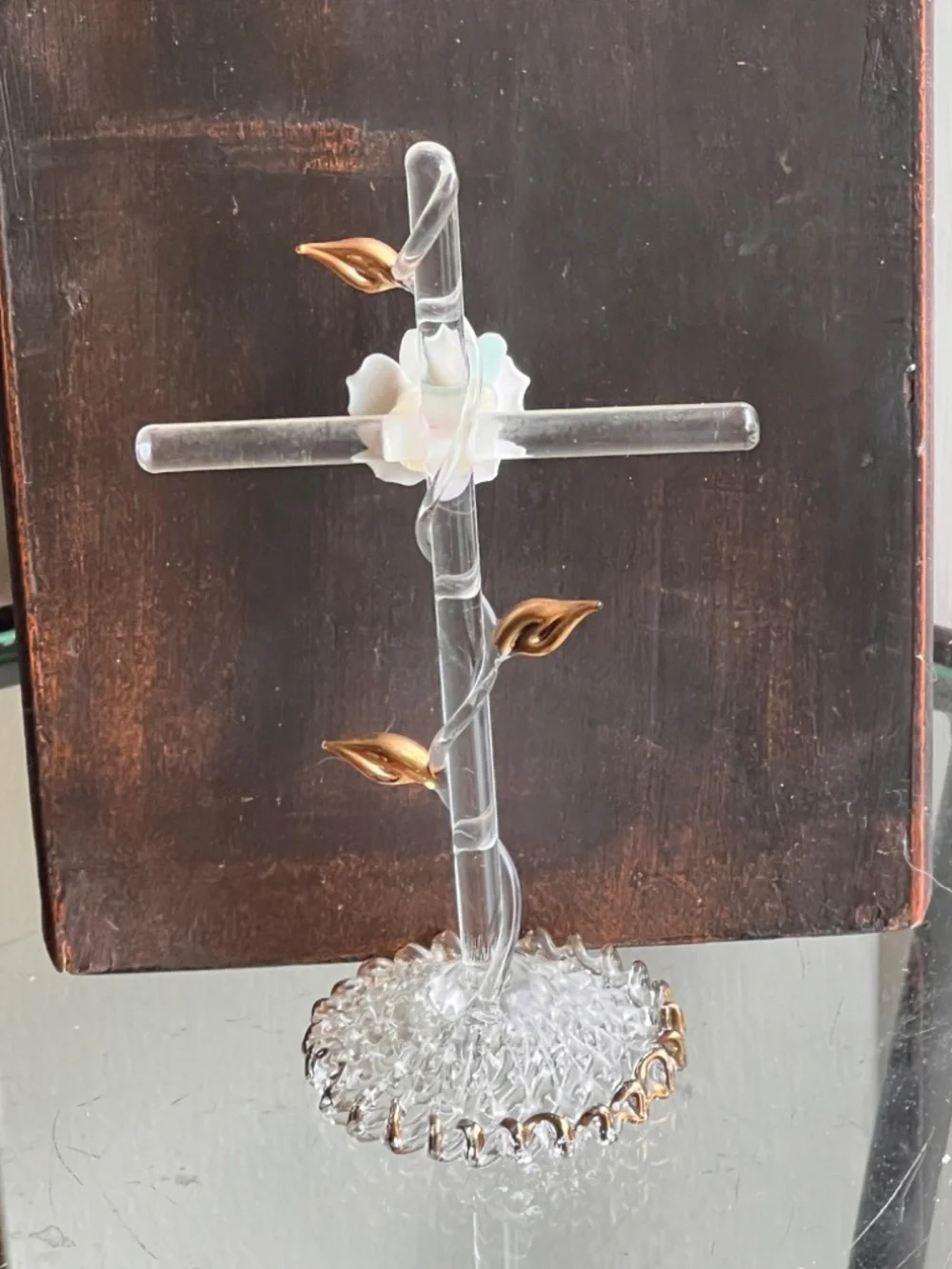 Glass CROSS w/Porcelain Pink Rose and Gold Leaves - Handblown and Knitted Glass
